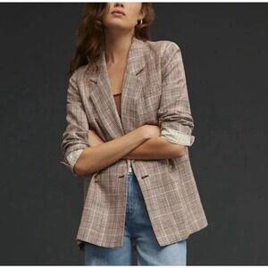 Maeve Anthropologie Double Breasted Blazer Plaid Jacket Linen Oversized Size 4